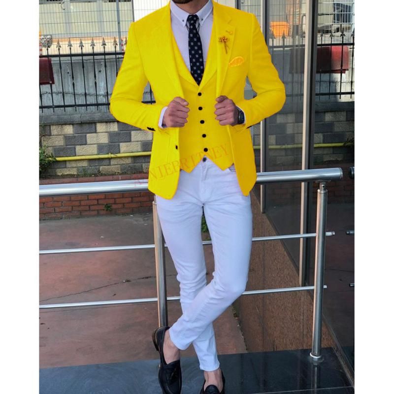 amortiguar Partido principal Moda traje amarillo hombres 3 piezas Trajes para bodas Slim Fit Groom Blazer  Vestido TUXEDO Hombre