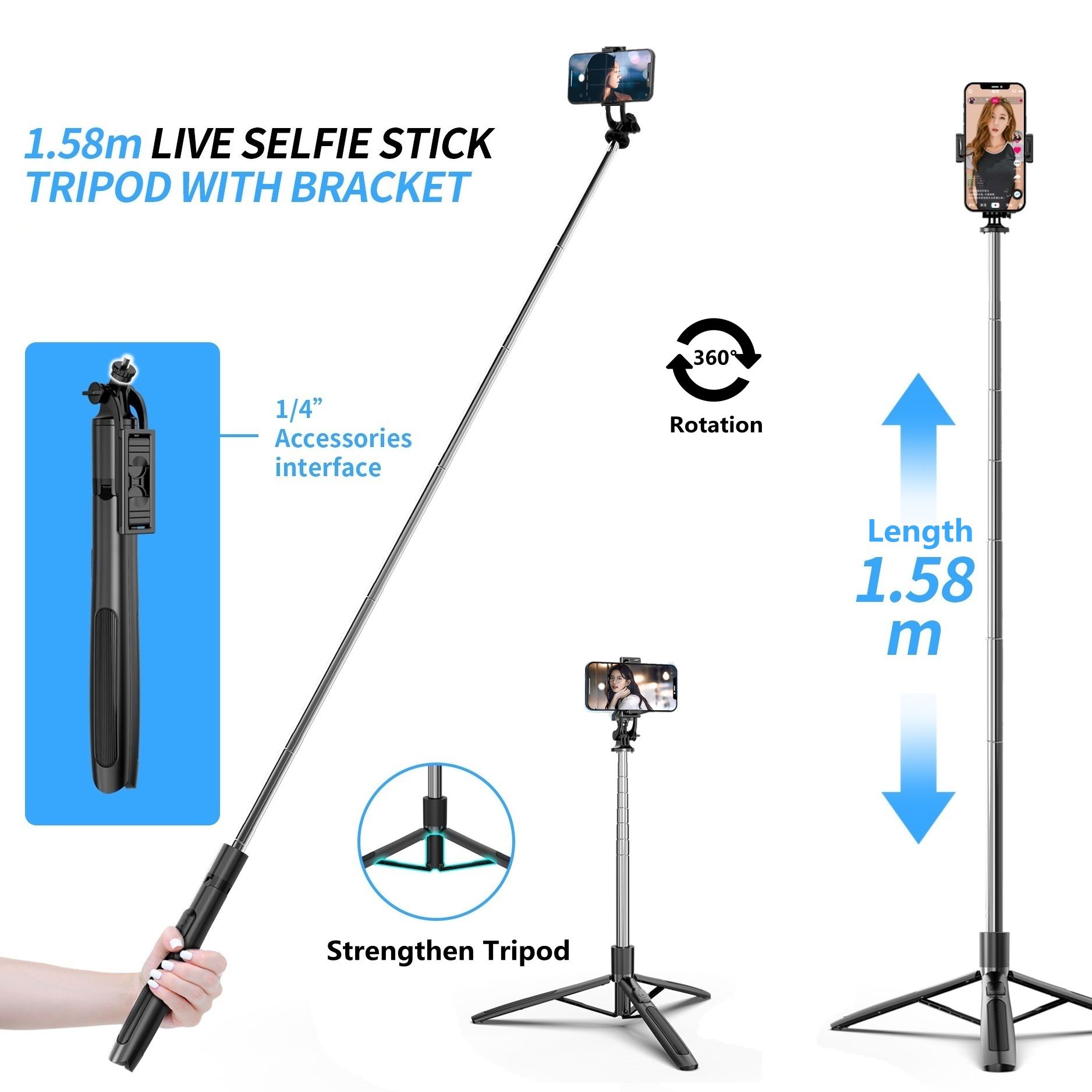 COOL DIER 1580mm New Wireless Selfie Stick Tripod Foldable Monopod For Gopro Action Cameras Smartphones