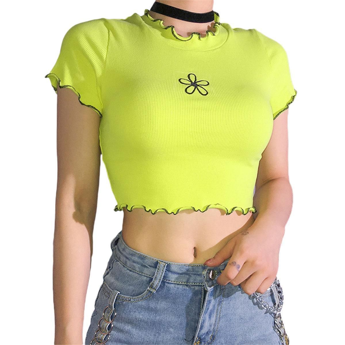 para mujer Moda Mujeres Chicas Camisa Verde Casual Slim Lace Shirts Camisetas Tops recortados Manga