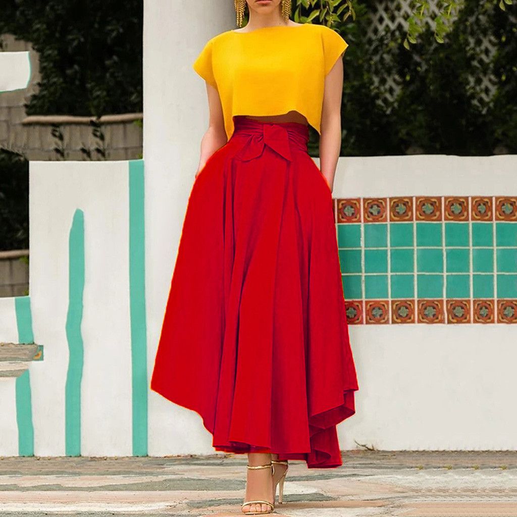 Falda larga Moda de mujer Summer Color Sólido Faldas largas Faldas MUJER 2019