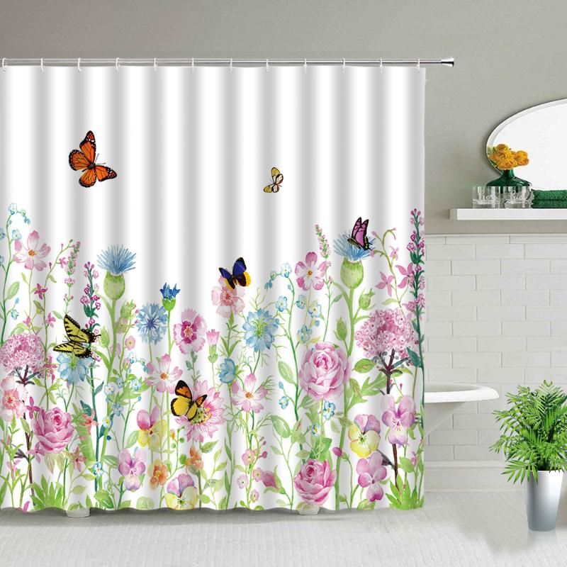 Purple Blooming Flowers and Butterfly Shower Curtain Set Bath Waterproof Fabric Purple Blooming Flowers and Butterfly Shower Curtain Set Bath Waterproof Fabric