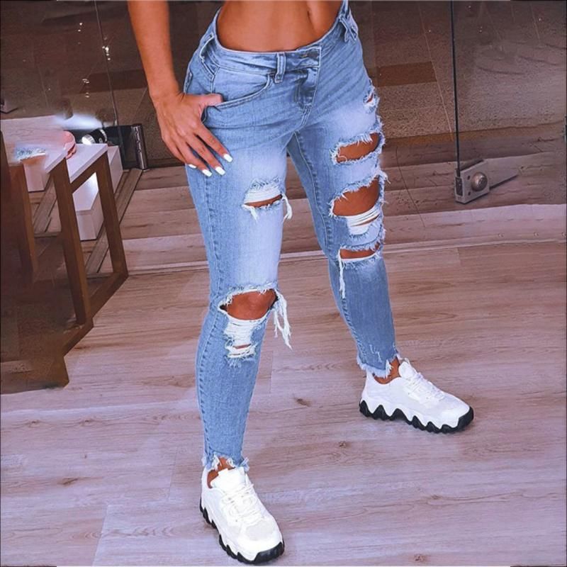 Ligero azul rasgado jeans mujer estilo callejero sexy de apenado pantalón estiramiento flaco holido