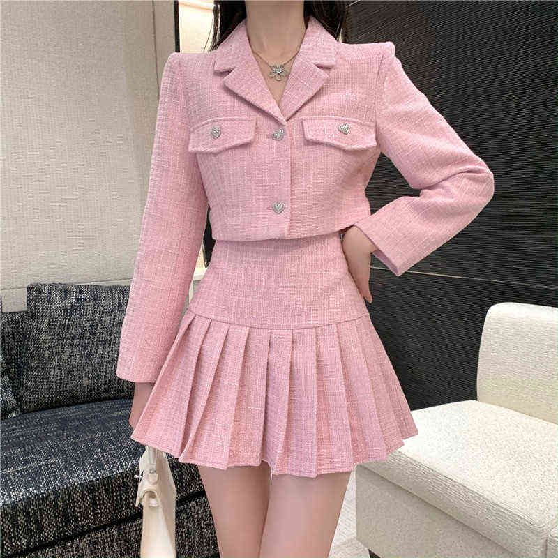 Small Fragrance Tweed Set Women Crop Top Short Jacket Coat +