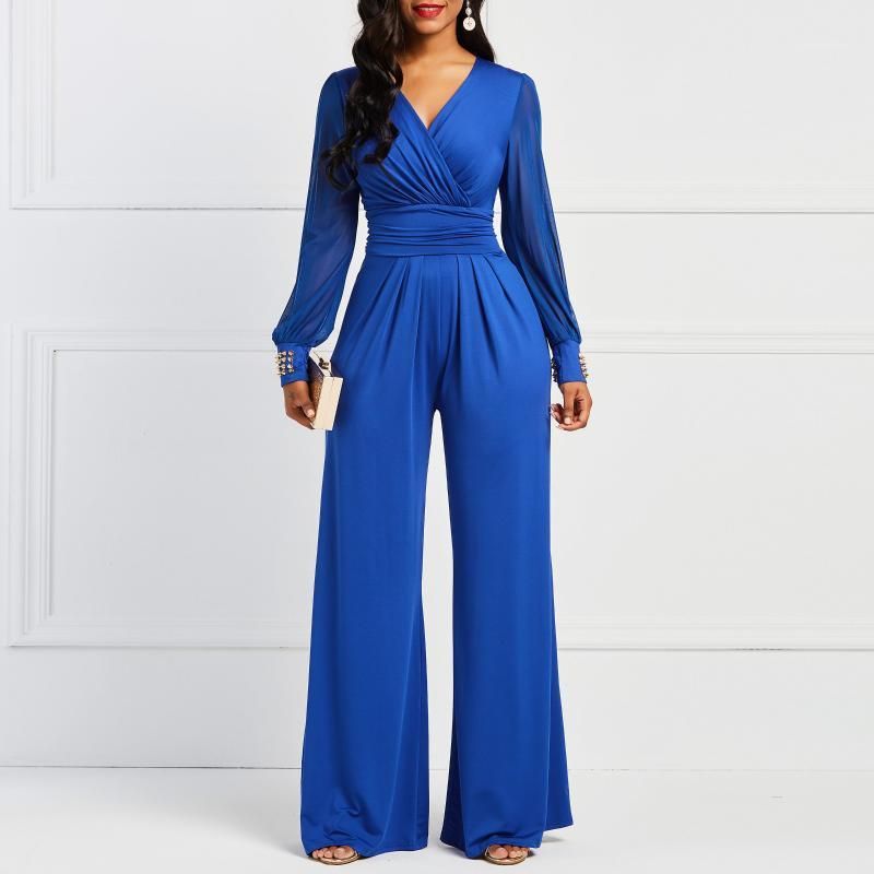 Fulok Womens Basic High Waist Deep V-Neck Wide Leg Jumpsuits With Belt Royal Blue Medium Fulok Womens Basic High Waist Deep V-Neck Wide Leg Jumpsuits With Belt Royal Blue Medium