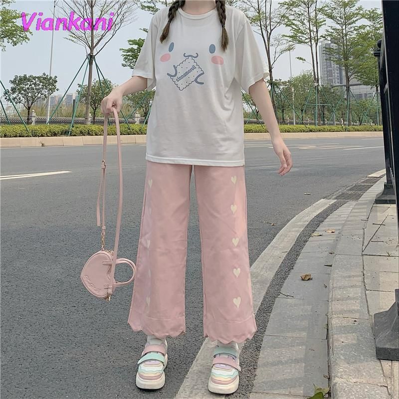 Pantalones de capris japoneses kawaii mujeres 2022 Autumn alta cintura albaricoque corazón rosa impresos