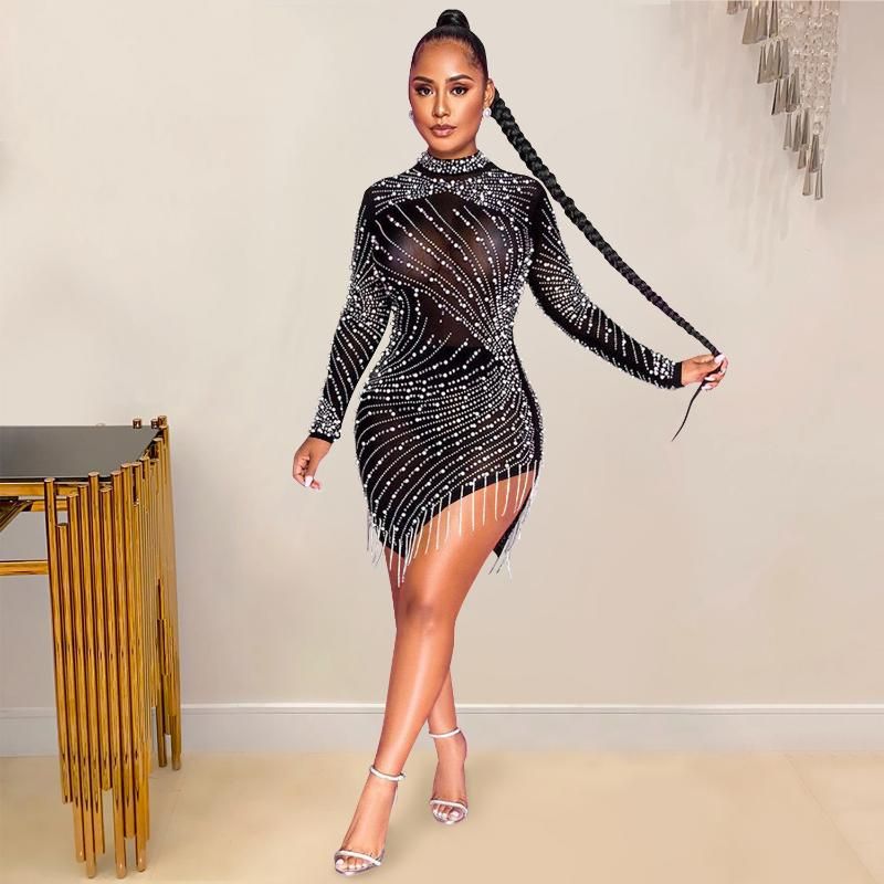 Compra Vestidos Casuales 2021 Ins Internet Celebrity Vestido Famoso  Diamante O Cuello De Manga Larga VERANO Partido Sexy Mini Vestidos Barato |  Entrega Rápida Y Calidad | Es.Dhgate