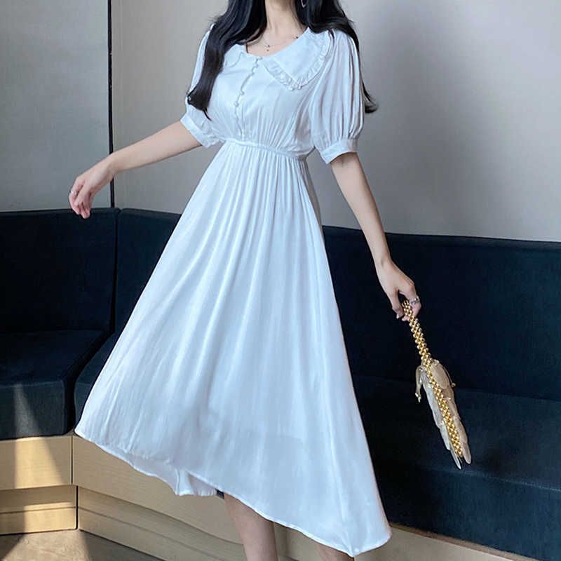 Compre Vestidos Casuales Verano Es Mujer Moda Coreana Lindo Frillano Pedro  Pan Collar Cintura Elástica A Line Long Midi Blanco Jurken Zomer A 56,27 €  Del Trading188 | Es.Dhgate.Com