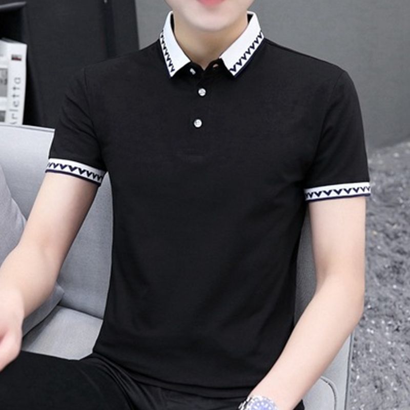 EJHNKS Summer Fashion Shirt Cotton Black Red Patchwork Color Short Sleeves Casual Slim Fit Polo Homme XXL 