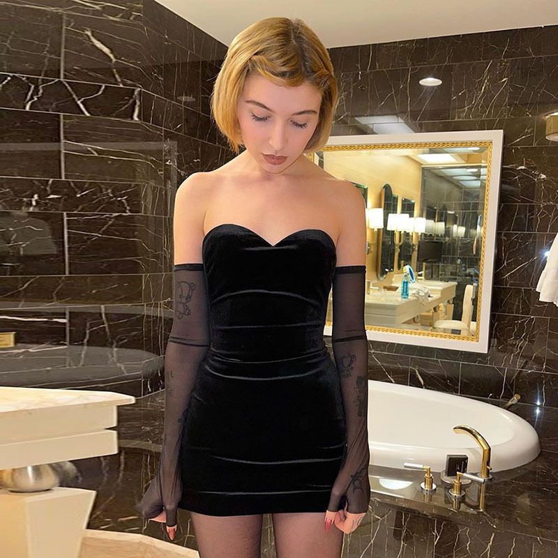 Vestidos negros de terciopelo sin tirantes E-Girl off Hombro Mensome de malla Mini vestido Trajes Vestidos negros de terciopelo sin tirantes E-Girl off Hombro Mensome de malla Mini vestido Trajes