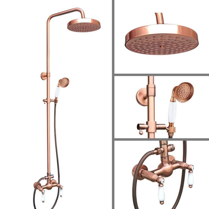 Antique Red Copper Brass Wall Mounted Bathroom Rain Shower Faucet Set Telephone Style Handheld Head Mixer Tap Arg585 Sets