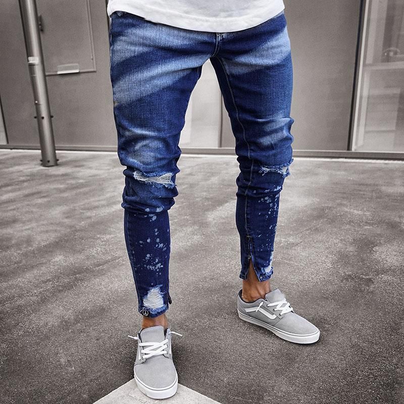 Мужские джинсы разорванные мужские тонкие коленные отверстия растяжение стремятся козкий огорченный гомбе мода лодыжки молния джинсовые карандаш брюки уличные