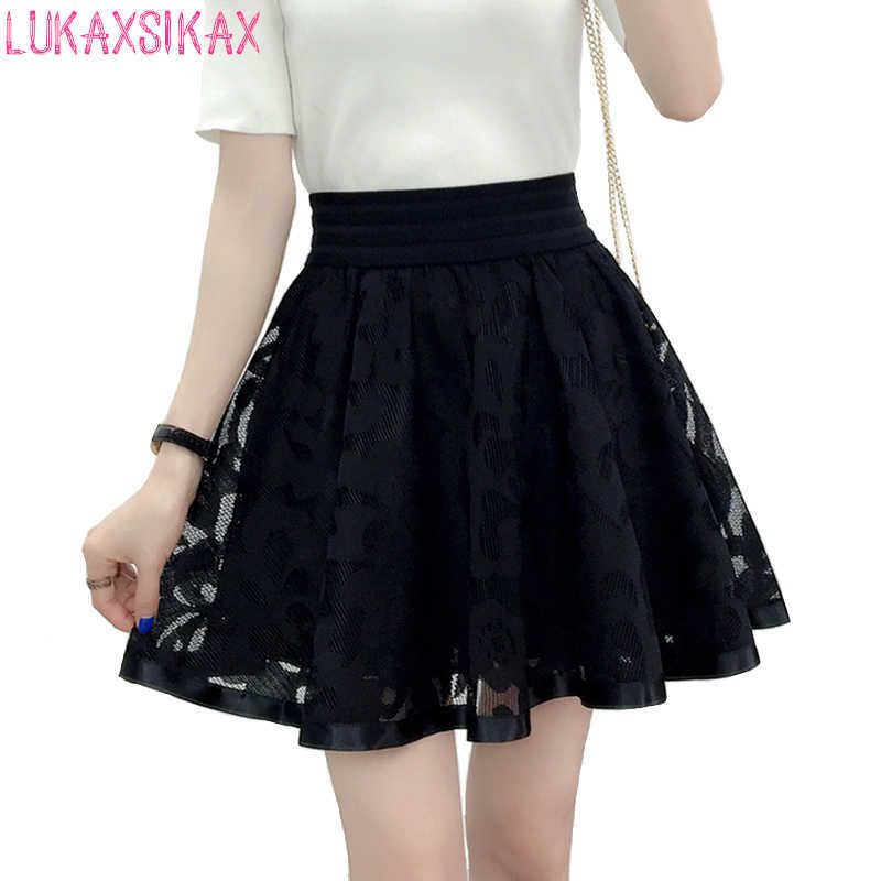 Primavera verano mujeres negro mini falda coreano elástico alta falda falda pantalones cortos dulce malla