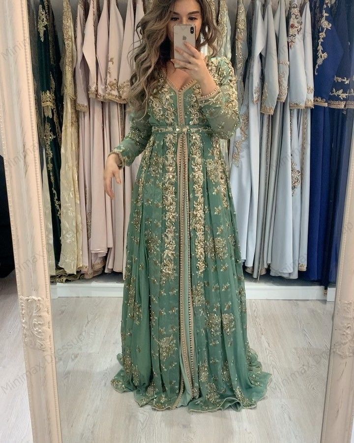 Elegante marroquí kaftan vestidos de noche formales de oro encaje apliques una línea árabe musulmán sabio ocasión especial vestidos longitud de piso vestido de fiesta de manga larga