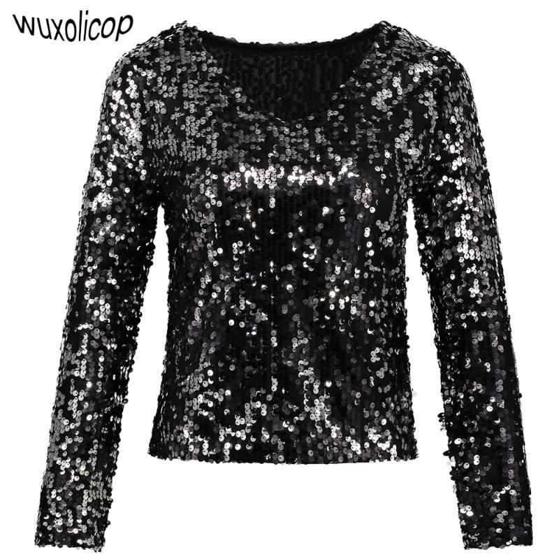 Compra Camisas De Las Blusas De Las Mujeres Sexy Flows De Manga Larga De La  Lentejuela Túnica Top Mujeres Brillantes Negro Plata S Cuello Cultivo  Cultivo De Verano Summer Fiesta Blusa Club