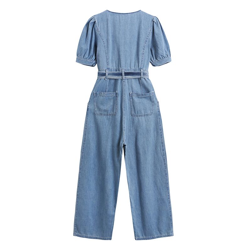 Summer Vintage Denim Jumpsuit Female With Belt Square Collar Casual Jeans  Fashion Short Sleeved Loose Pants Ladies 210515 From Cong03, $34.62