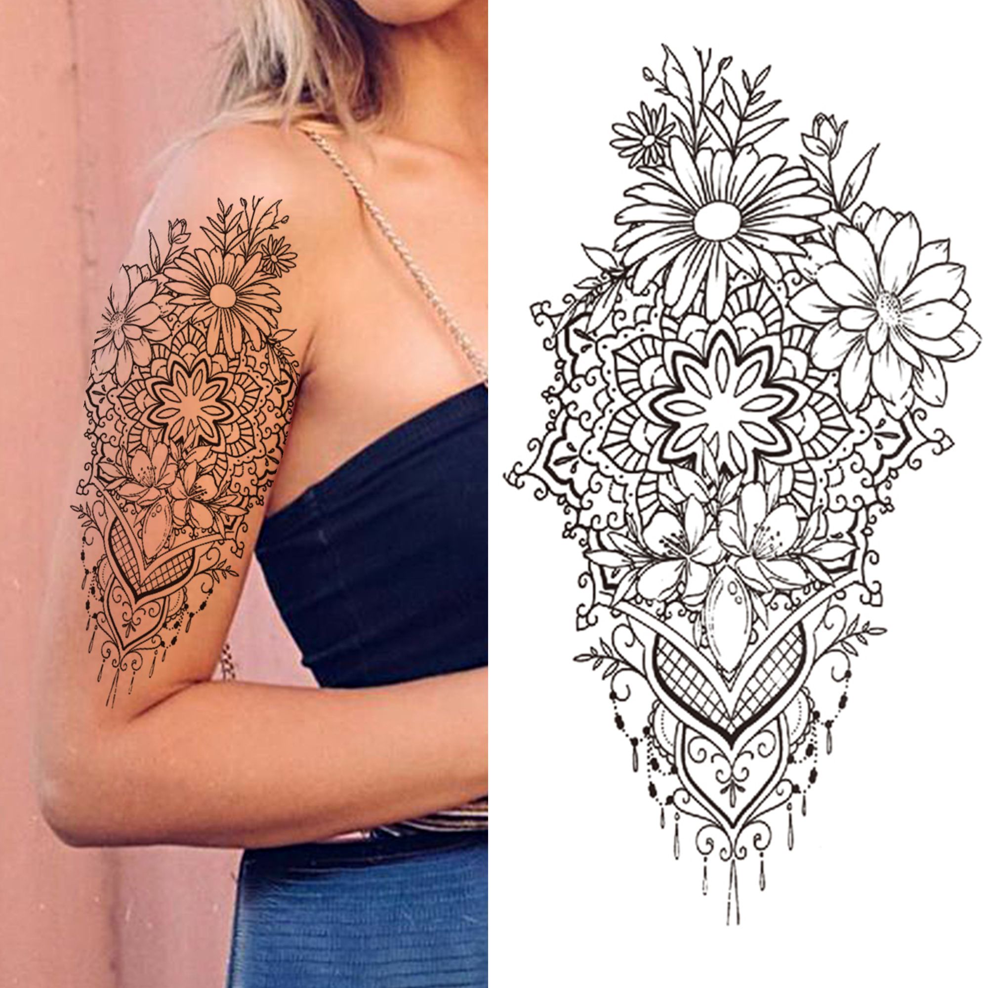 Waterproof Temporary Tattoos Sticker tattoo Stickers For Women Girls arm  Black Peony Fake sleeve Rose Daffodil