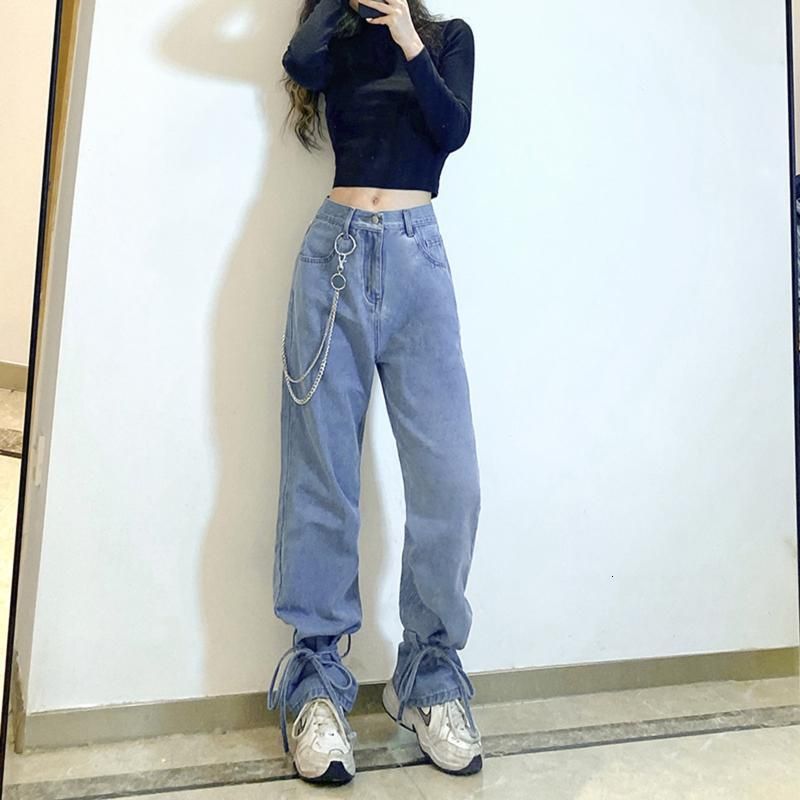 Compra 2021 Nueva Moda Jeans Femeninos, Adultos Pantalones De Cintura Alta  De Adultos Pantalones Sueltos De Cierre Con Correas De Cadena De Metal Para  Caída De Primavera, Azul Barato | Entrega Rápida