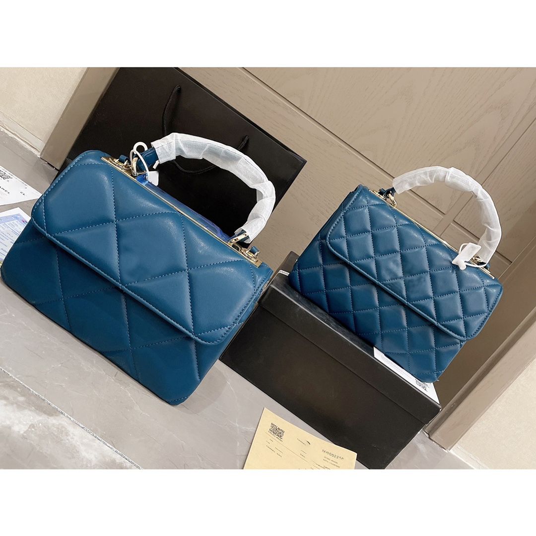 Light Blue Chevron Medium Trendy CC Top Handle Bag Gold Hardware, 2019