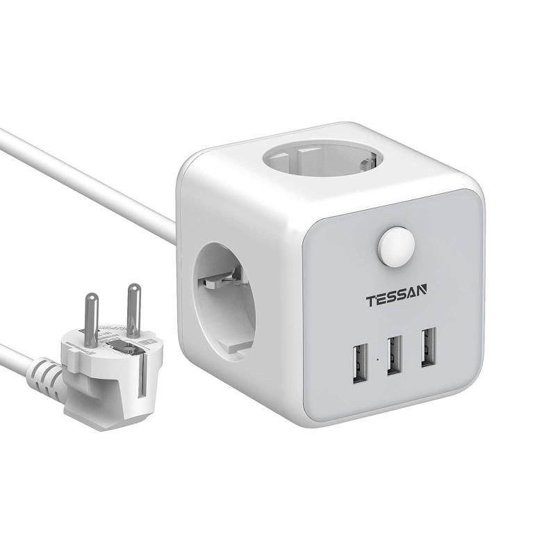 Smart Power Plugs TESSAN USB Striscia cubo con interruttore On / Off, 3 punti vendita CA e porte 1.5M Cavo UE Plug per la casa