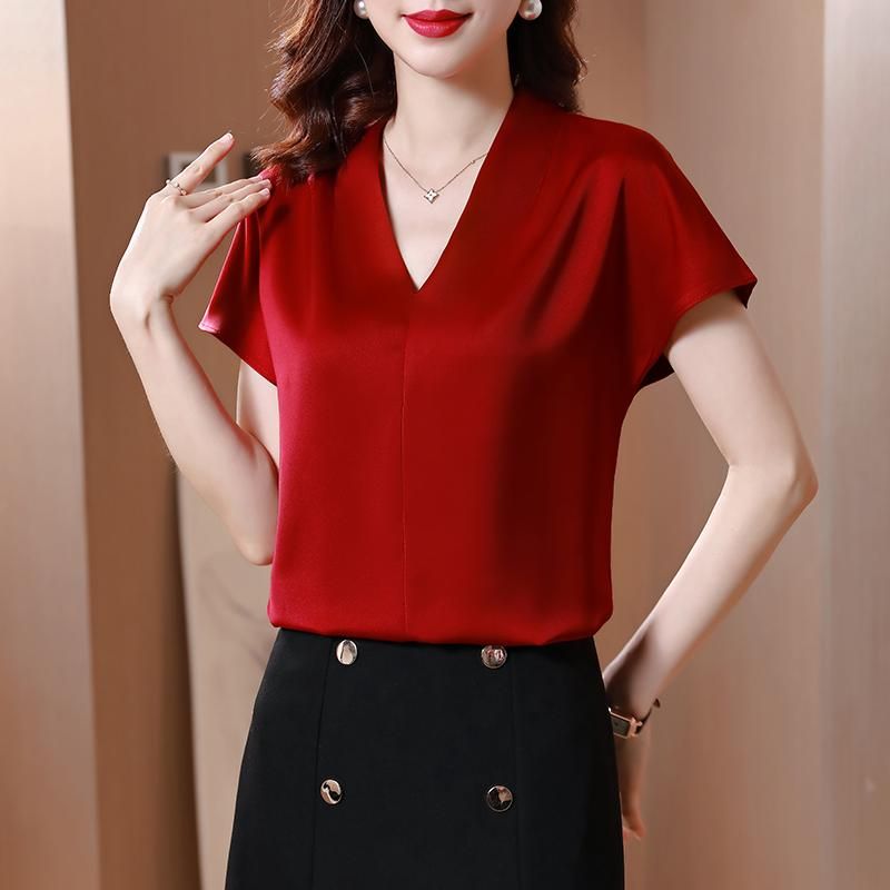 Blusas De Mujer Camisas Blusas De Satin 2021 Verano Coreano Moda Top Elegante Seda Manga Corta Sexy V Cuello Más Tamaño 3xl Pi Sólido De 22,56 € | DHgate