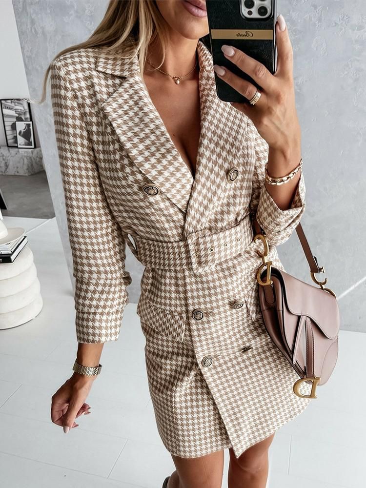 Compra Vestidos Casuales Vestido De Mujer SheIn 2021 Caída De Pata De Gallo  Doble Blazer Blazer De Manga Larga Mini Vestidos De Mujer Elegante Barato |  Entrega Rápida Y Calidad | Es.Dhgate