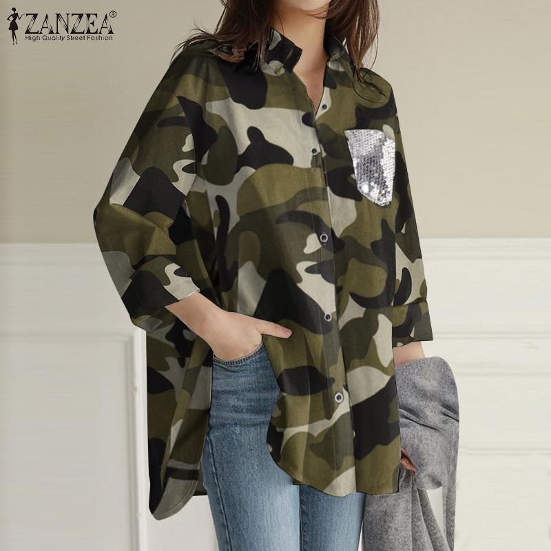 Blusas mujer 2021 Otoño Moda Tops Mujeres de camuflaje Camisa de impresión ZANZEA