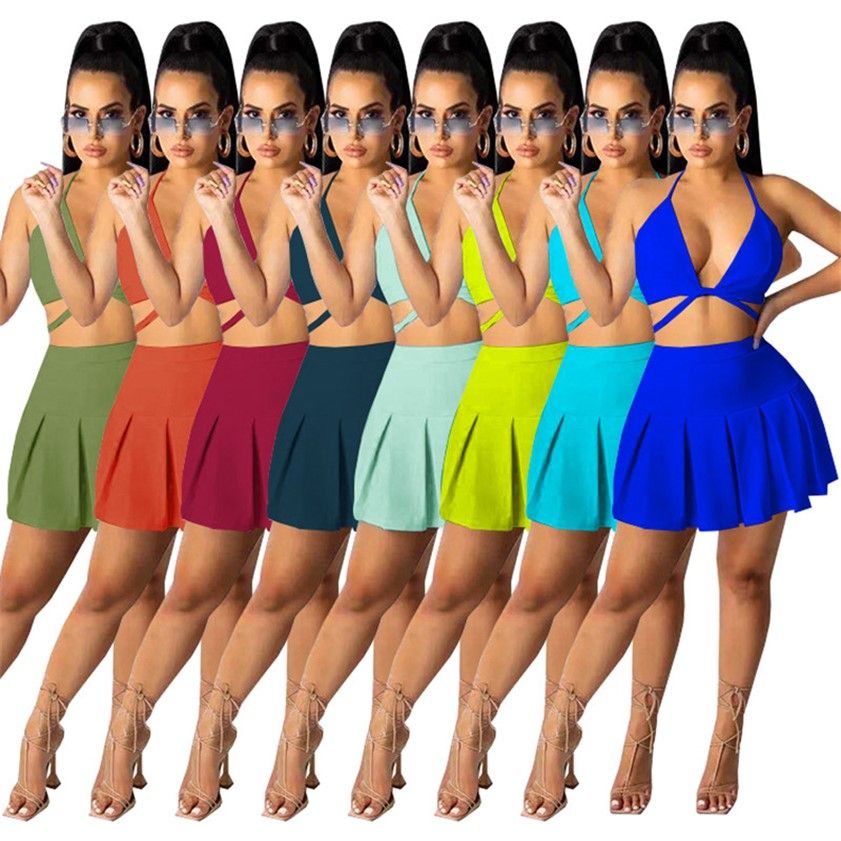 Conjuntos de dos piezas Vestido de tenis Mujeres Trajes Halter Halter Cultivos sin tirantes Mini Faldas Conjuntos de dos piezas Vestido de tenis Mujeres Trajes Halter Halter Cultivos sin tirantes Mini Faldas