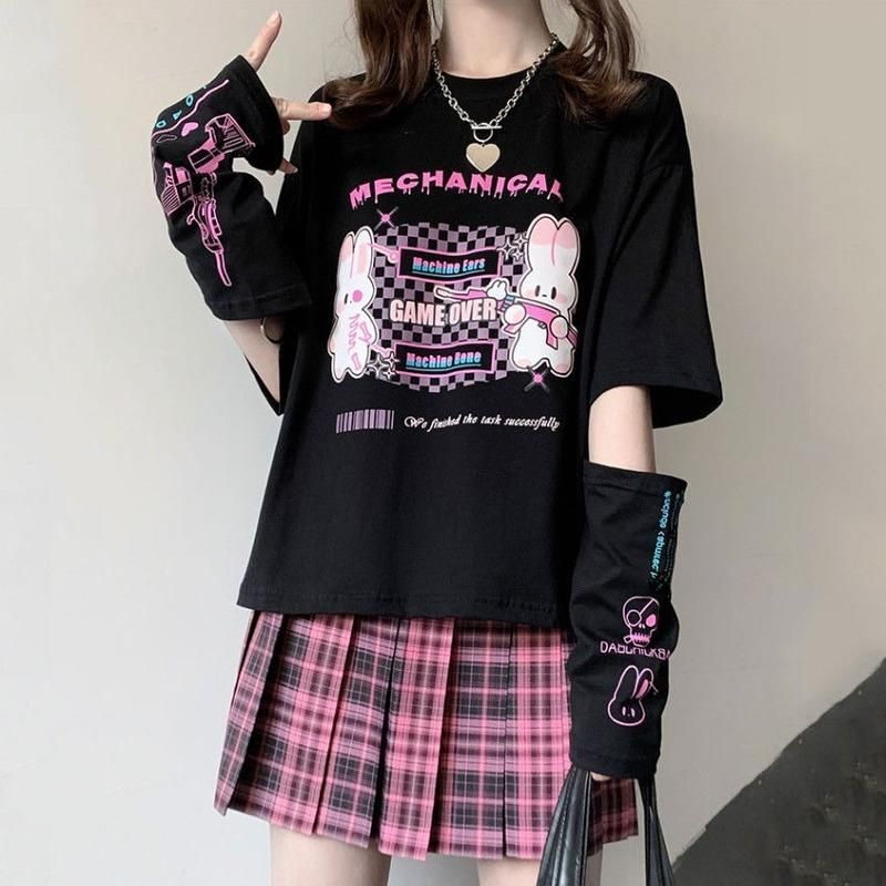 Camiseta de las mujeres Emo Japonés Kawaii Streetwear E Historieta de niña con la