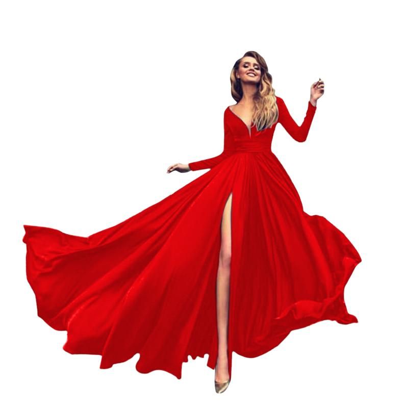 Vestidos casuales 2021 Vestido rojo de cuello en V las mujeres Dividido Maxi para la