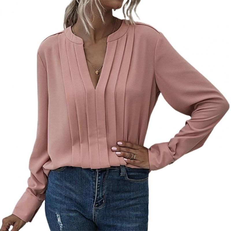 Compra Blusas Para Mujer Camisas Mujer Blusa Elegante Color Sólido Plisado  Gasa De Manga Larga De Manga Larga Con Cuello De V Cuello De Moda Lady  Jersey Top Barato | Entrega Rápida