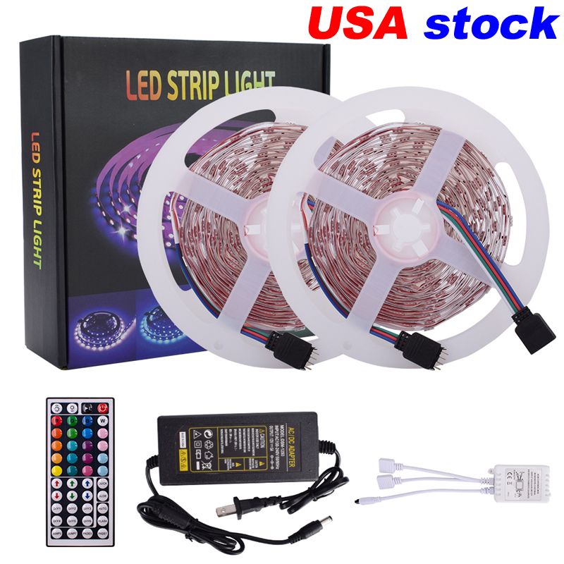 USA Stock 16.4FT 32.8FT LED-remsor 5m 10m RGB 5050 Striplampor 30LEDS / M med 44 Key Fjärrkontroll