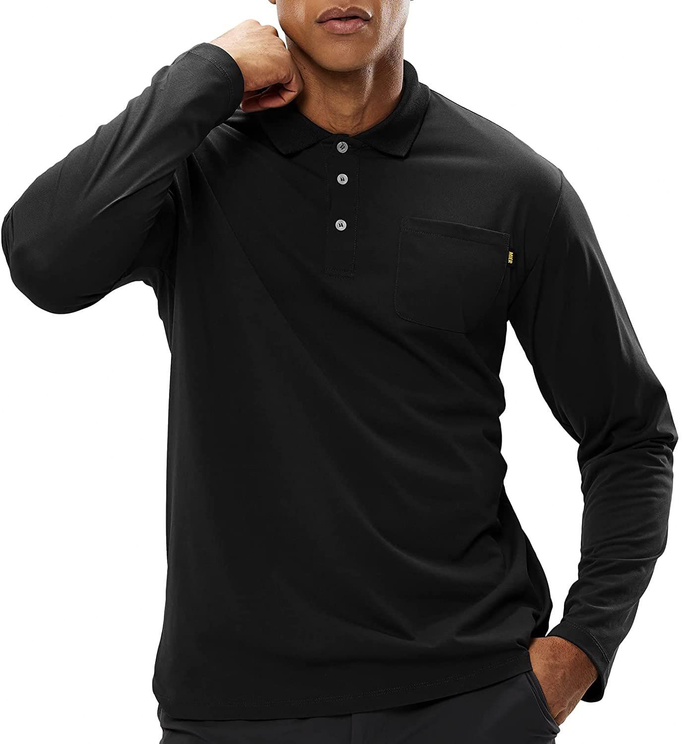 MIER Mens Long Sleeve Pocket Polo Shirt Quick Dry Collared Work 