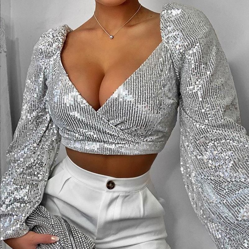 En Europa y América Tops Tops Blusas Blusas Lentejuelas de Camisa casual sexy con cuello