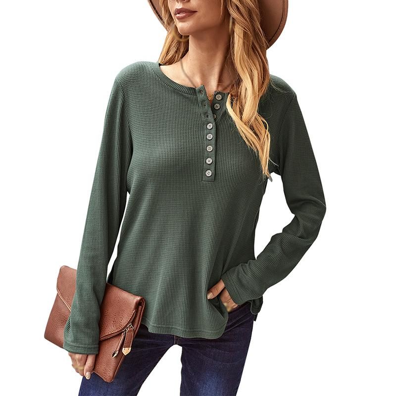 Women's T-Shirt Autumn Button Placket Long Sleeve Shirt Waffle Knitted Sweater Jumper Tops