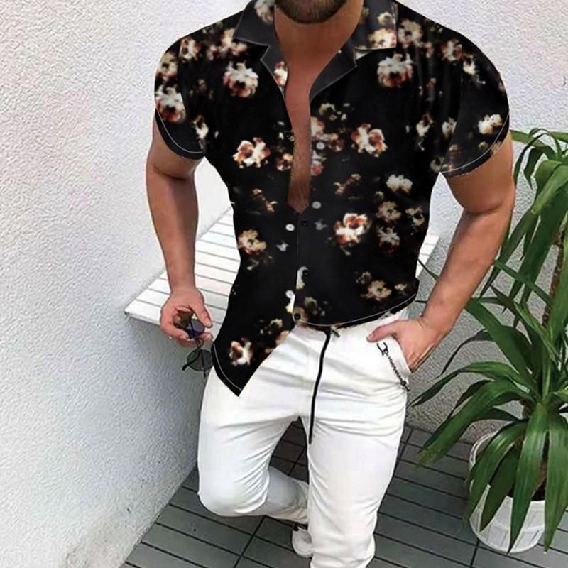 Domple Mens Turn Down Collar Short Sleeve Floral Print Retro Summer Button Down Dress Shirts 