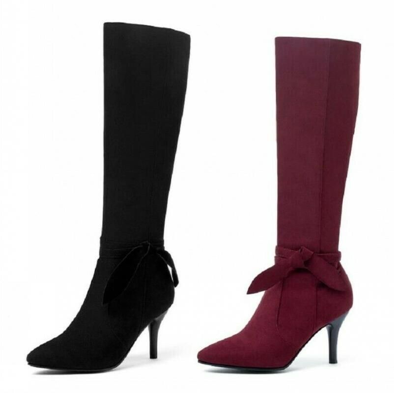 Details about   Ladies Womens Mid Calf Knee High Bowknot Stiletto Heel Zip Up Boots 44/48 Warm D