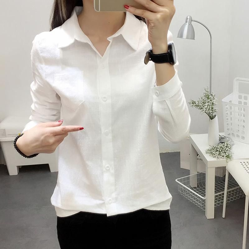 Compra Camisa Blanca Mujer Algodón Botón De Manga Larga Blusa Primavera 2021  Bolsillos Casual Damas Tops Hembras Camisetas Mujer Ropa Coreana Mujer  Blusa De Mujer Barato | Entrega Rápida Y Calidad | Es.Dhgate