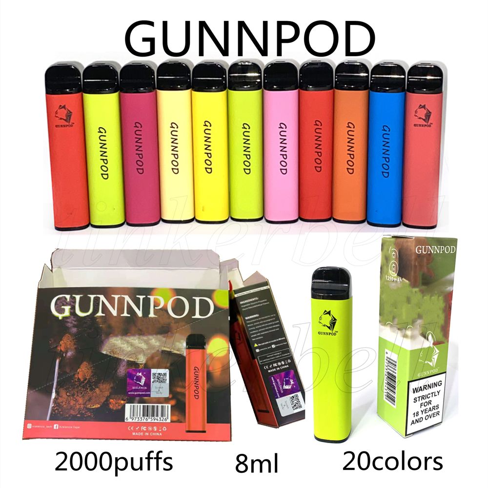 Gunnpod E-sigarette E-sigarette Monouso Penna VAPE DEVICE Kit 2000 Spilloni 20 colori 1250mAh Batteria Presilled 8ml Pod VS Bang XXL Hyppe Max Flow flow flut plus