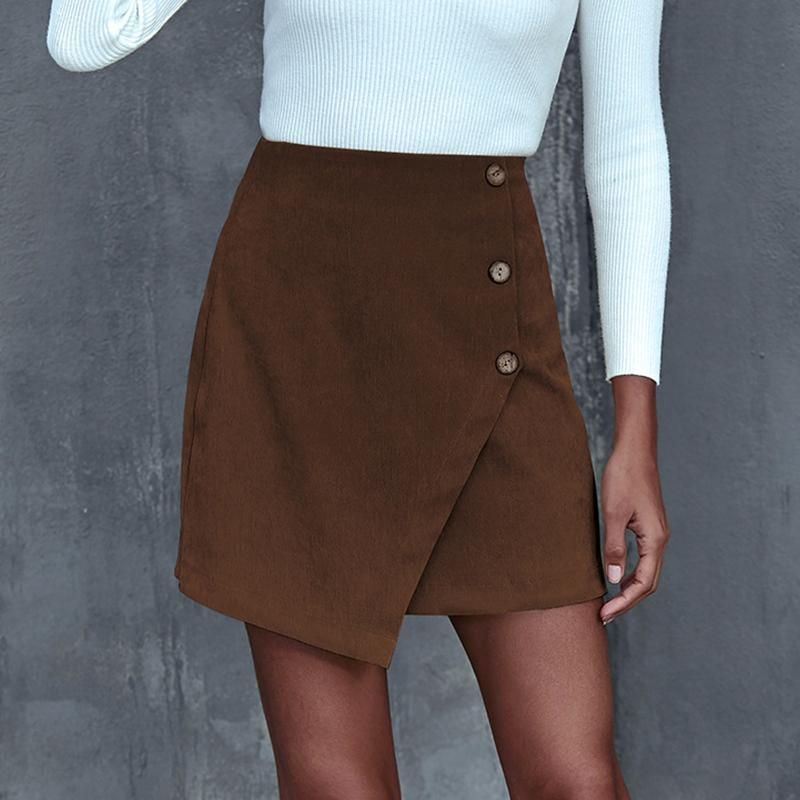 Faldas Moda para mujer Color Color de Corduroy Botón Alto Cintura A Línea Mini falda