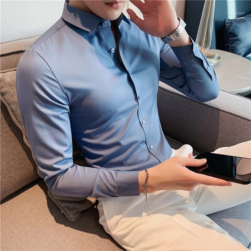 Compra Camisas De Vestir Para Hombre 2021 Seda De Hielo Hombre Manga Larga  Casual Slim Fit Hombres Color Sólido Color Formal Ropa Social Blusa Barato  | Entrega Rápida Y Calidad | Es.Dhgate