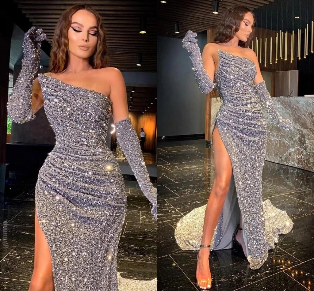 Plateado brillo lentejuelas vestidos de noche formales 2021 Árabe ASO EBI sin tirantes sexy alto Sirpilla Plateado brillo lentejuelas vestidos de noche formales 2021 Árabe ASO EBI sin tirantes sexy alto Sirpilla