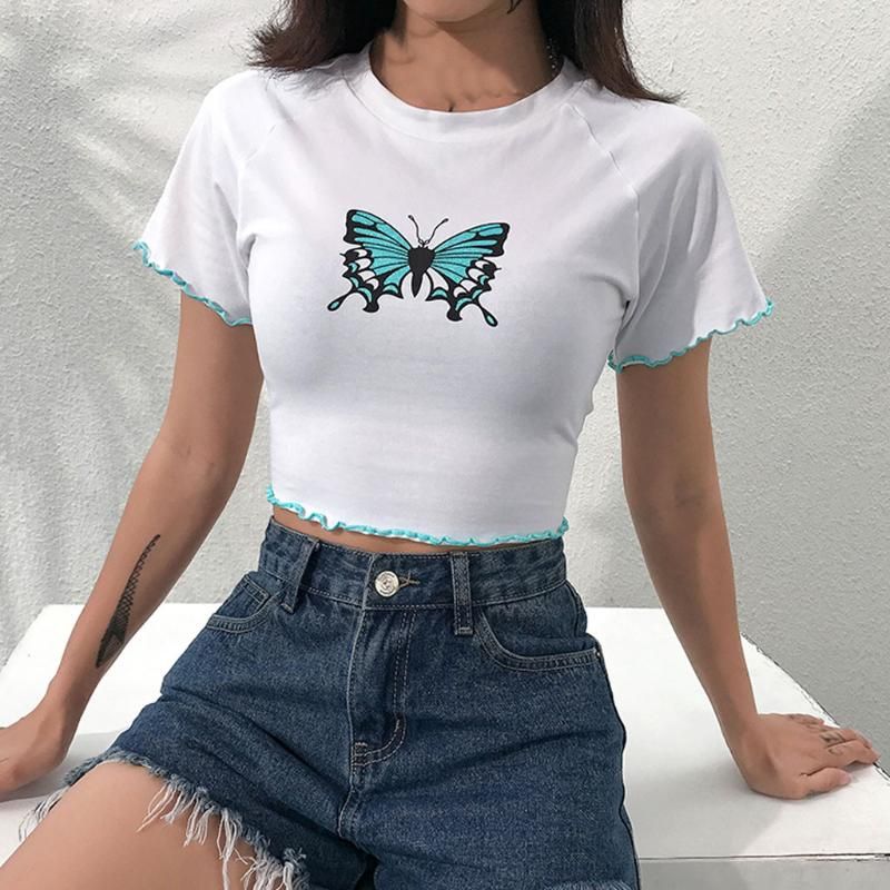 Mariposa Impresión Relavado Flujo Cultivo Tops Casual Verano Señoras Mujeres Mujeres Blusas Blusas Blusas