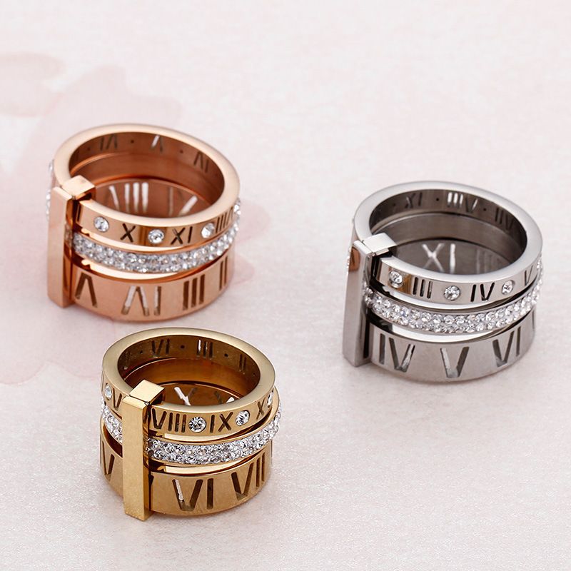 Design stos złoty pierścień ze stali nierdzewnej dla kobiet cyrkon diamentowe cyfry rzymskie pierścienie zaręczynowe ślubne