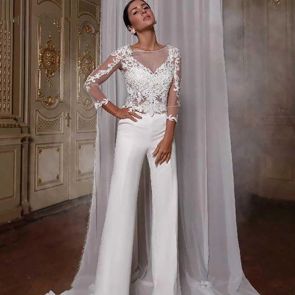 Compra Dos Piezas De Pantalón Vestido De Novia Vestido Elegante Boho Playa  Satén Novia Vestido De Fiesta Mangas Largas 2021 Robe De Soirée Mariage  Barato | Entrega Rápida Y Calidad | Es.Dhgate