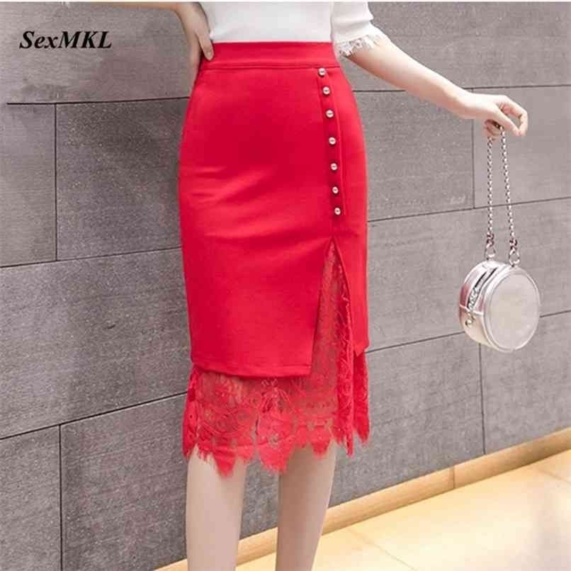 semilla Abierto mínimo Patchwork de encaje Falda roja Mujeres grueso invierno coreano alta cintura  s sexy señoras midi negro
