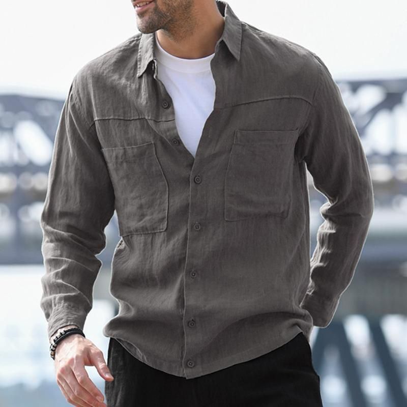 Mens Cotton Linen Shirt Loose Double 