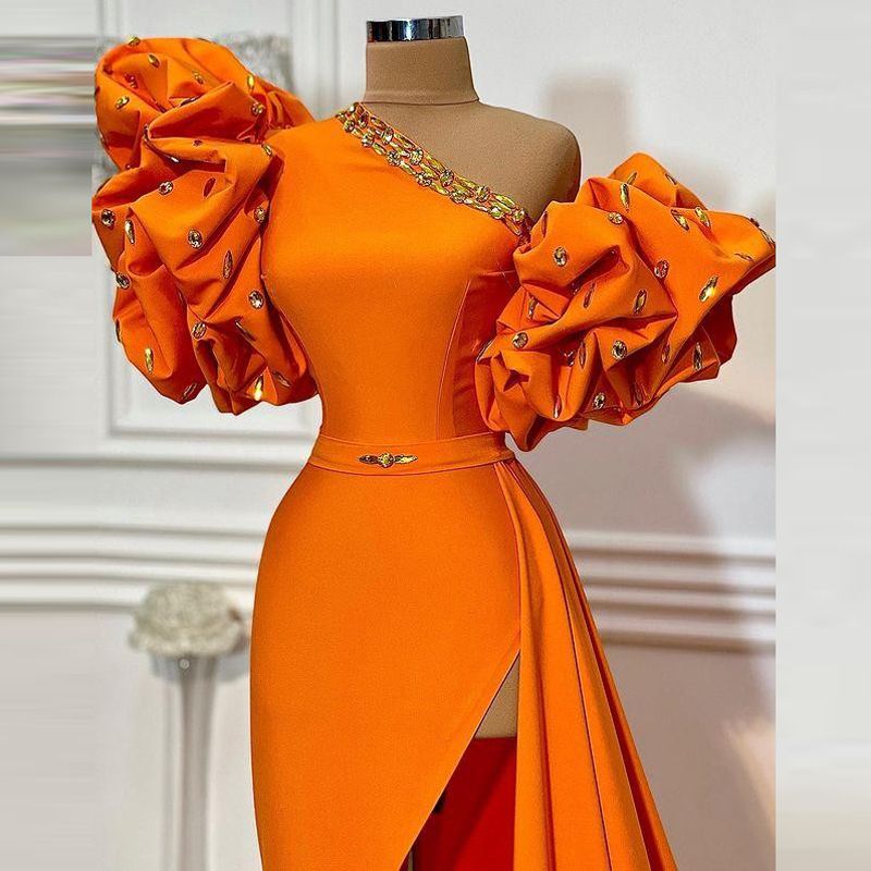 Becks Pakistan Ventileren Oranje One Shoulder Prom Dresses 2021 Zomer Bladerdeeg Korte Mouwen Sexy  Side Slit Avondjurk Simple Satin Cocktail Partyjurken Van 100,22 € | DHgate