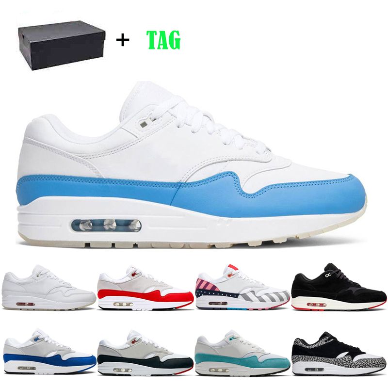 Compra Con Cajas Para Hombre Zapatillas Para Hombre 87 Botas De Motocicleta  Azul Universidad Blanco Aniversario Rojo Leopardo Royal Leopardo Hombres  Mujeres Nike Air Max 1 One Barato | Entrega Rápida Y