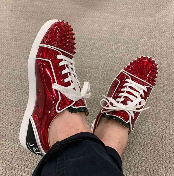 Mode naam merk schoenen rode bodem sneakers lage top spiked schoen plezier  junior spikes platte leer /