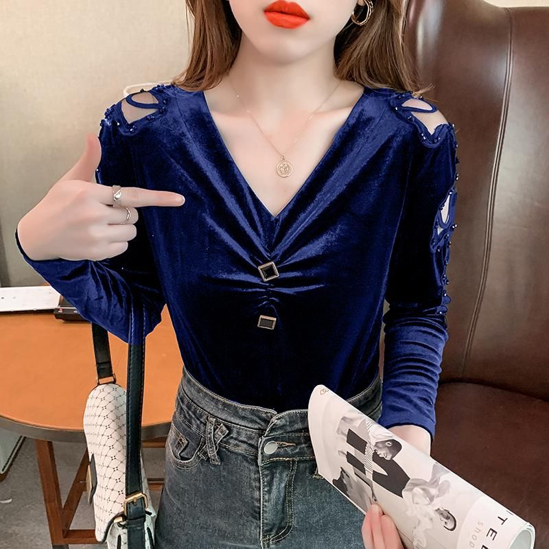 Compra Blusas De Mujer Camisas Blusa Terciopelo Camisa De Manga Larga Con  Cuello En V Mujeres Top Otoño Moda Mujer Blusas De Mujer Barato | Entrega  Rápida Y Calidad | Es.Dhgate
